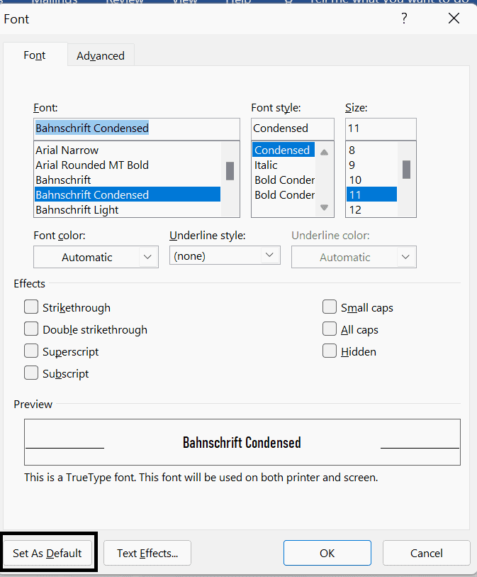 How to set default font in word online