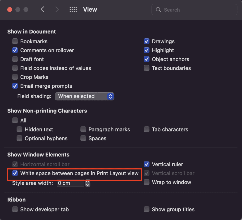 White space between pages in Word Online