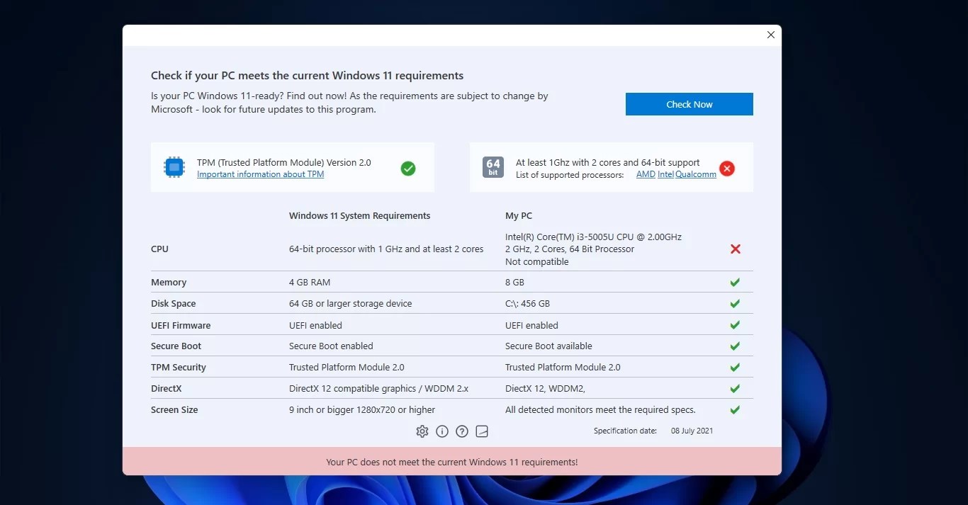 How to check if your device meets Windows 11 system.
