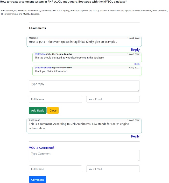 Comment and reply system using PHP,AJAX with MYSQL
