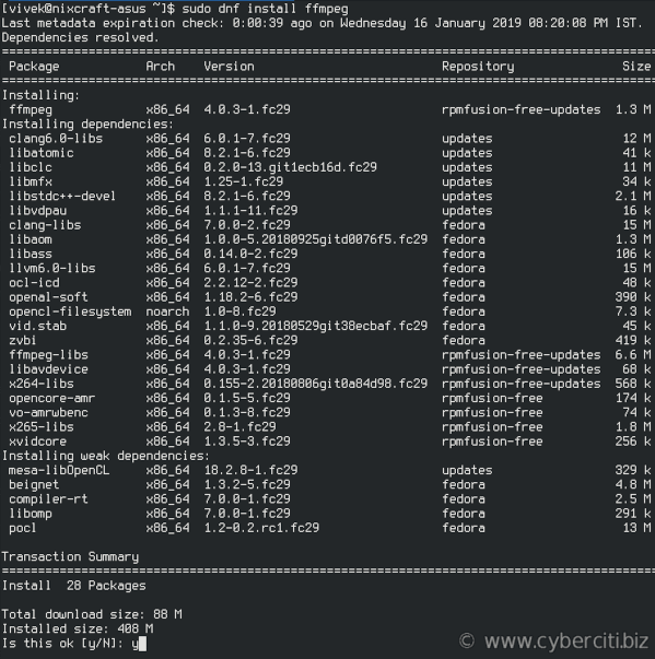 How to install FFmpeg on Fedora Linux 28, 29 using dnf