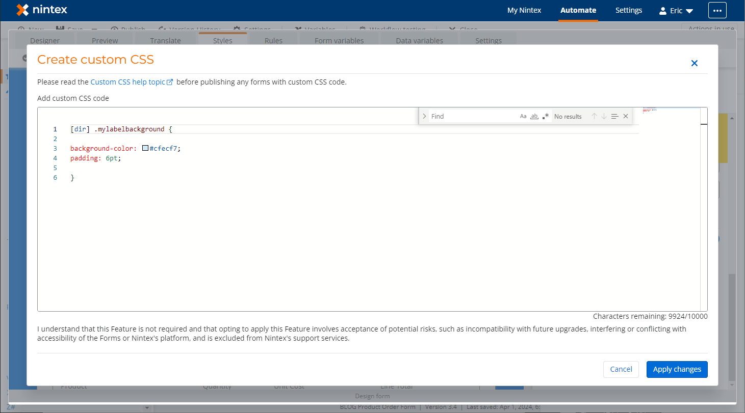 Customize Form Label Control Background Color with CSS in Nintex