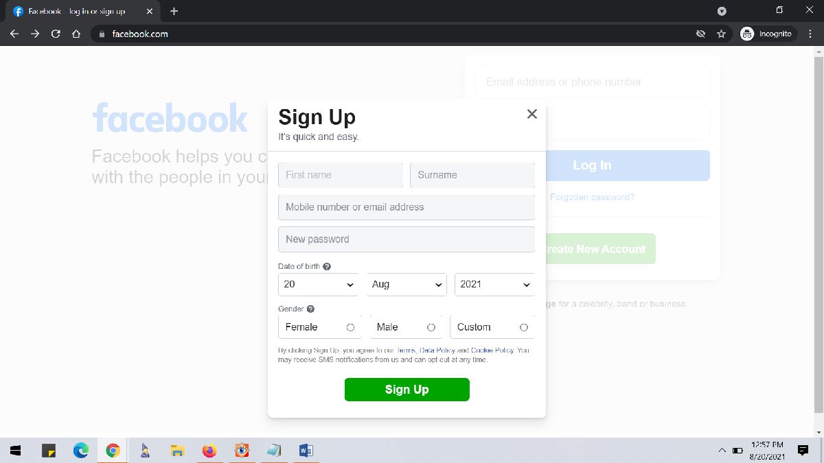 Facebook Sign Up Create Account