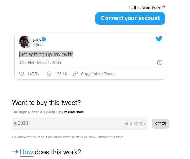 Twitter founder Jack Dorsey is auctioning his first tweet