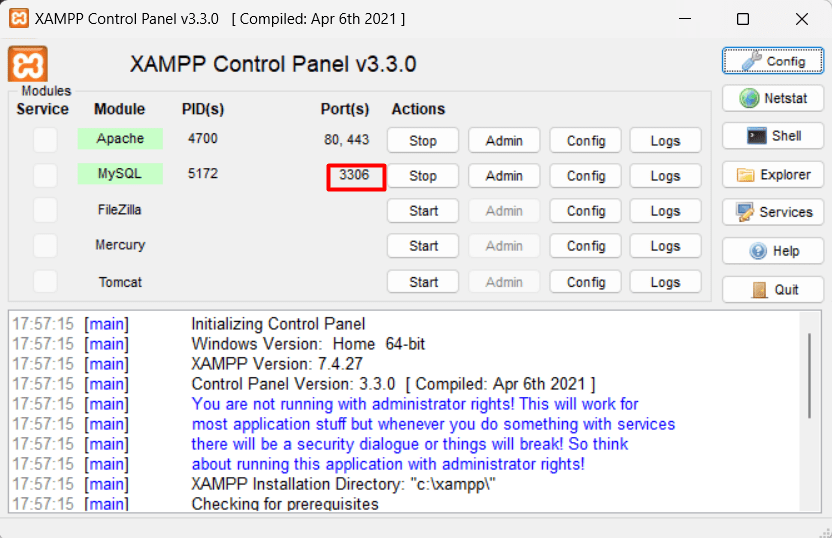 How to change port no to the MySQL in the xampp