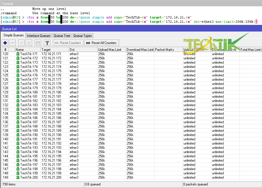 دستور Terminal برای ایجاد Simple Queue در میکروتیک