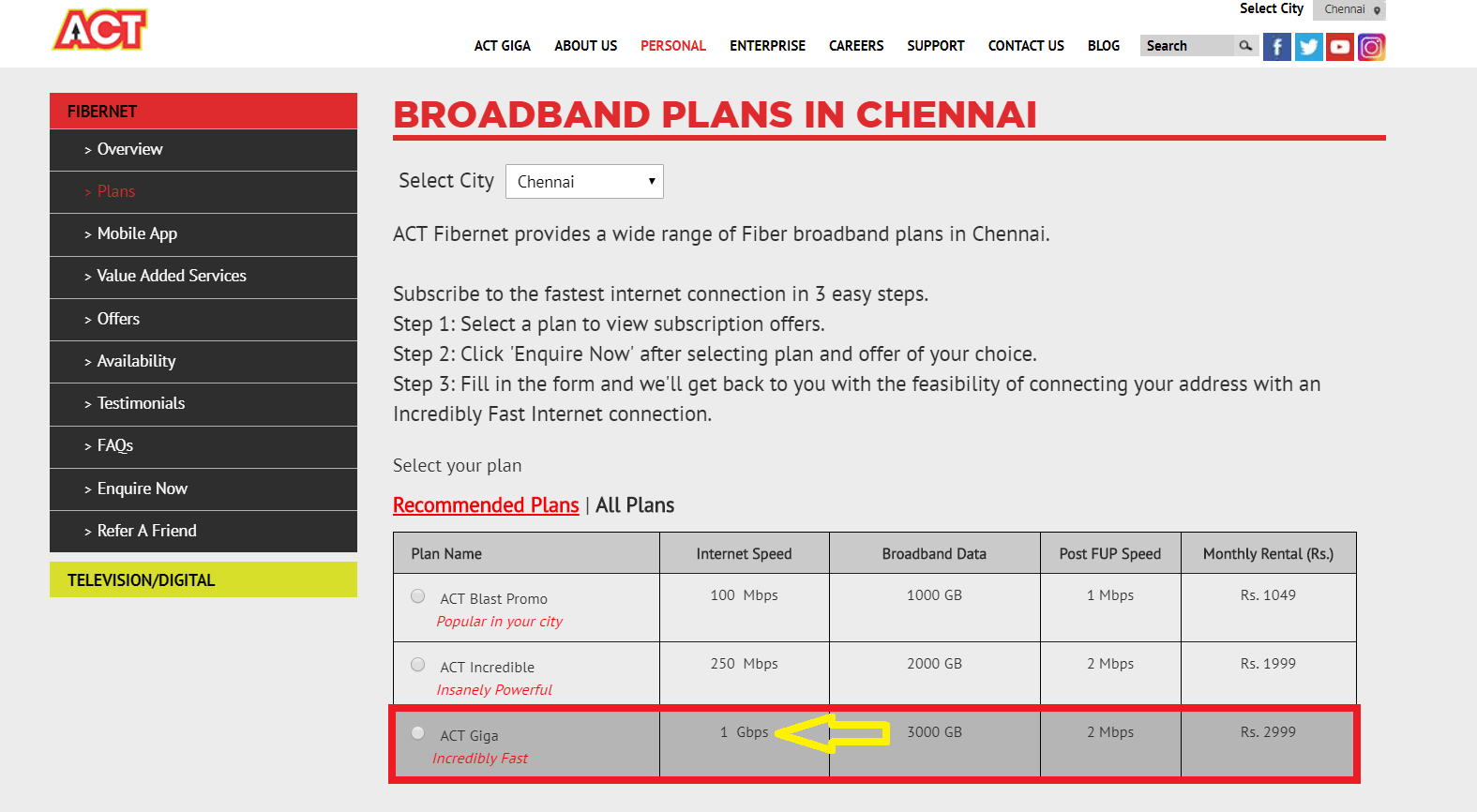 ACT launches Gigabit in Chennai,1Gbps at Rs. 2999