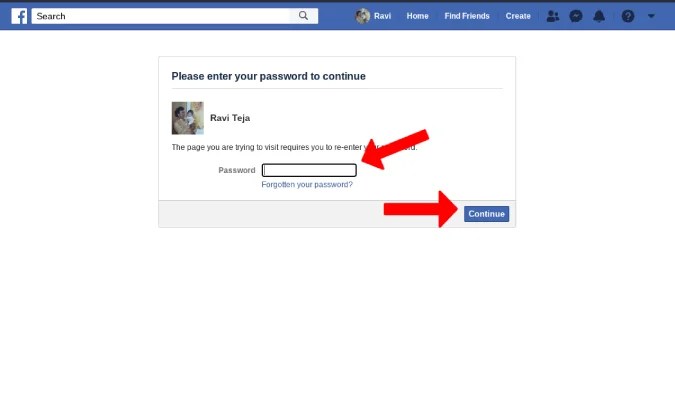 Entering the Facebook password