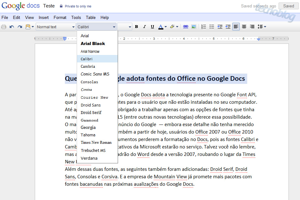 Que beleza Google adota fontes do Office no Google Docs