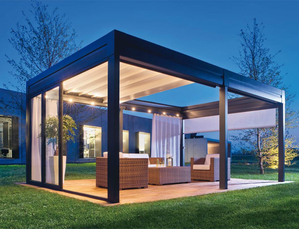Pergole bioclimatiche con chiusure integrate e impacchettabili Tecnotenda