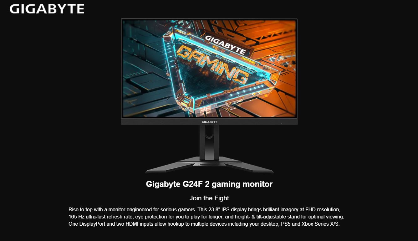 Monitor Gigabyte G24F 24", 1080p FHD IPS, 165Hz 1ms, HDR Ready TecTec