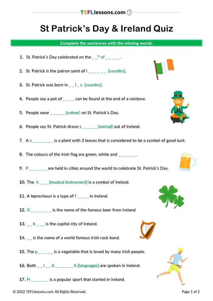 St Patrick's Day Quiz TEFL Lessons Free ESL worksheets St Patrick's Day Quiz TEFL Lessons Free ESL worksheets
