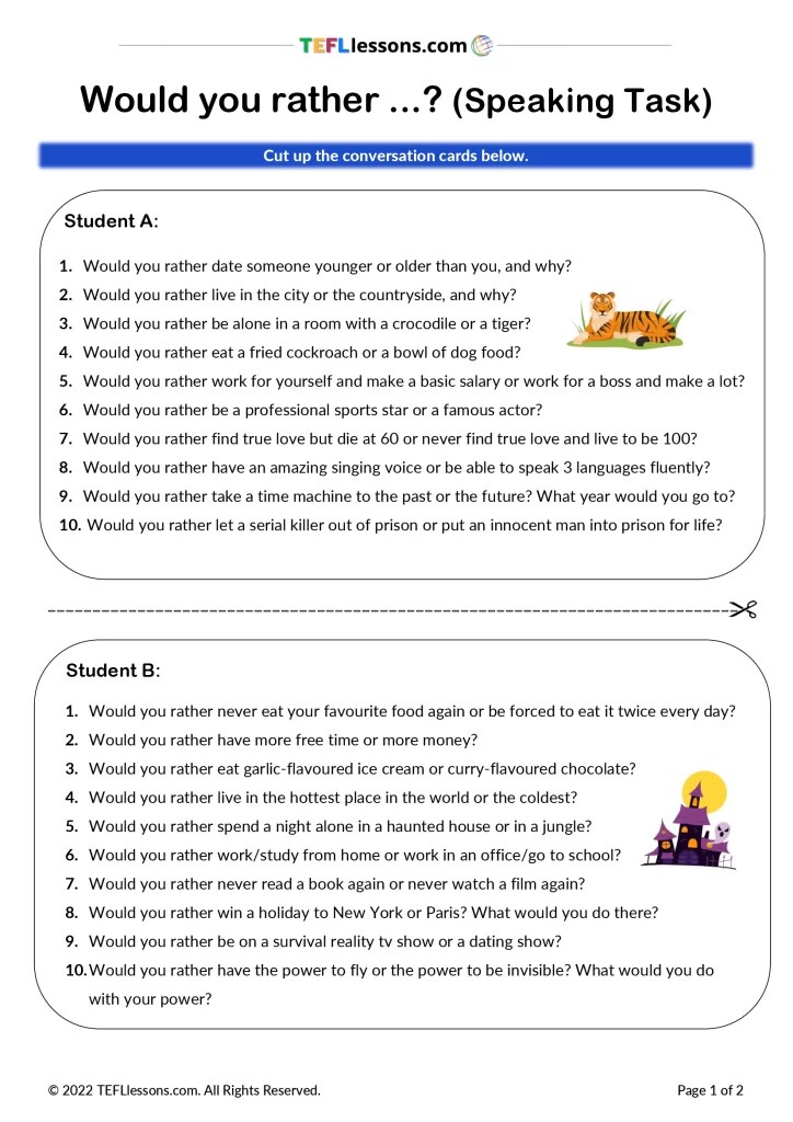 'would rather' speaking task ESL worksheets