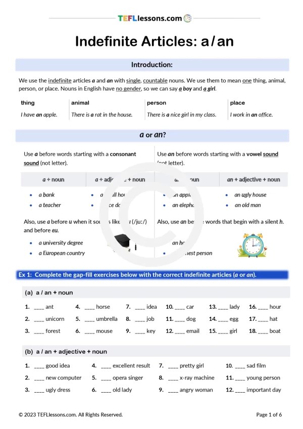 indefinite Articles Lesson | TEFL Lessons - tefllessons.com | ESL
