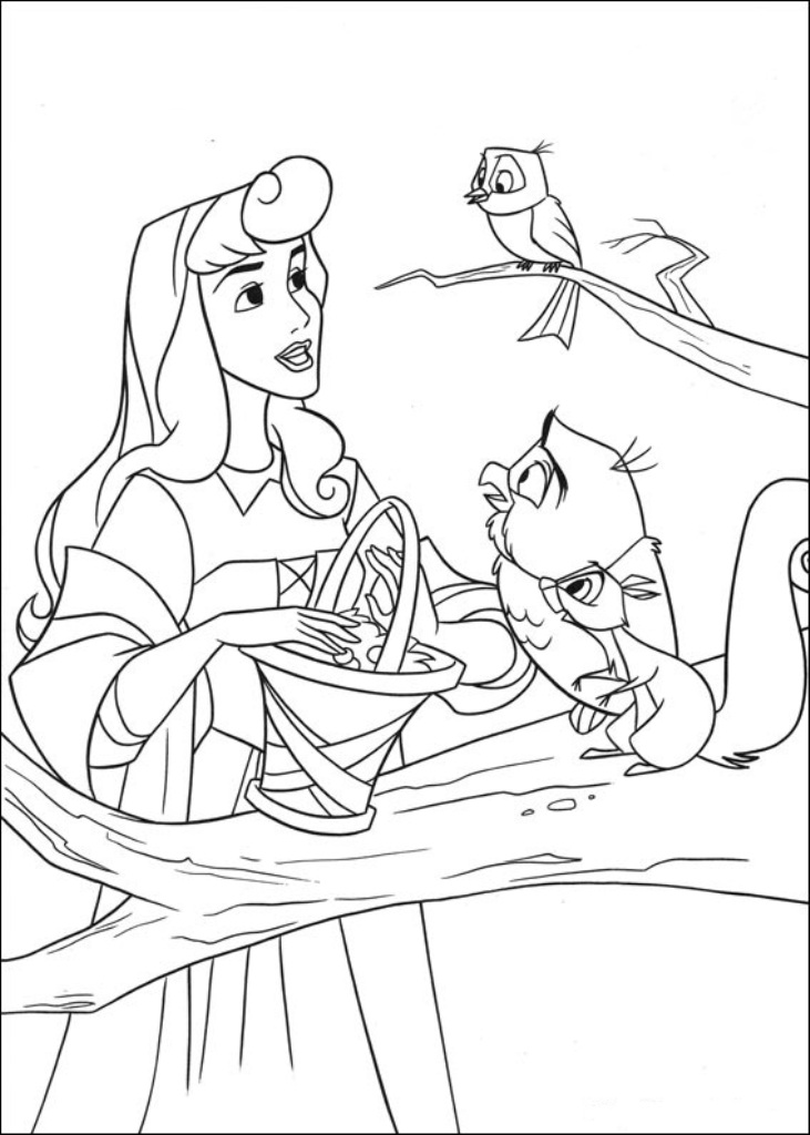 Disney fargeleggingsark. Fargebok med print tegninger. Tornerose figurer