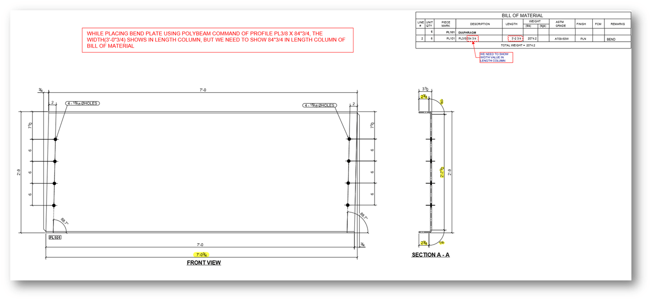 Need to swap polybeam bent plate length & width in bill of material
