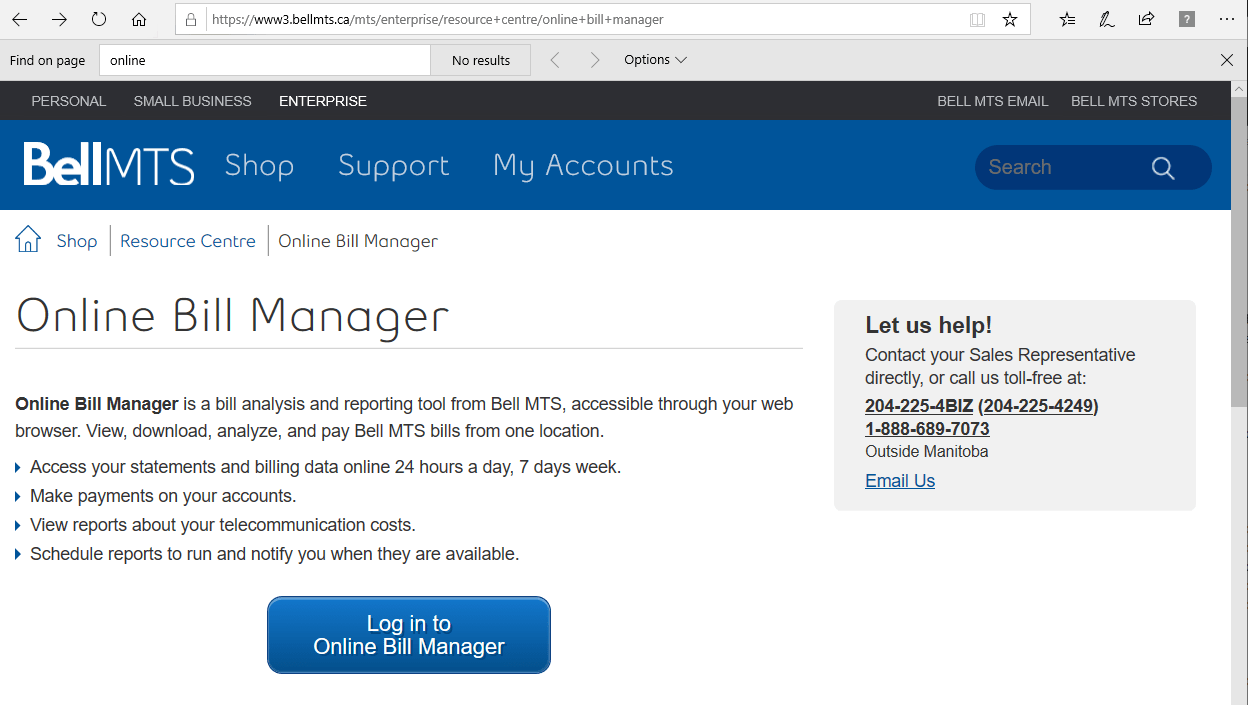Bell MTS Online Bill Manger TELEPLUS Management Inc.