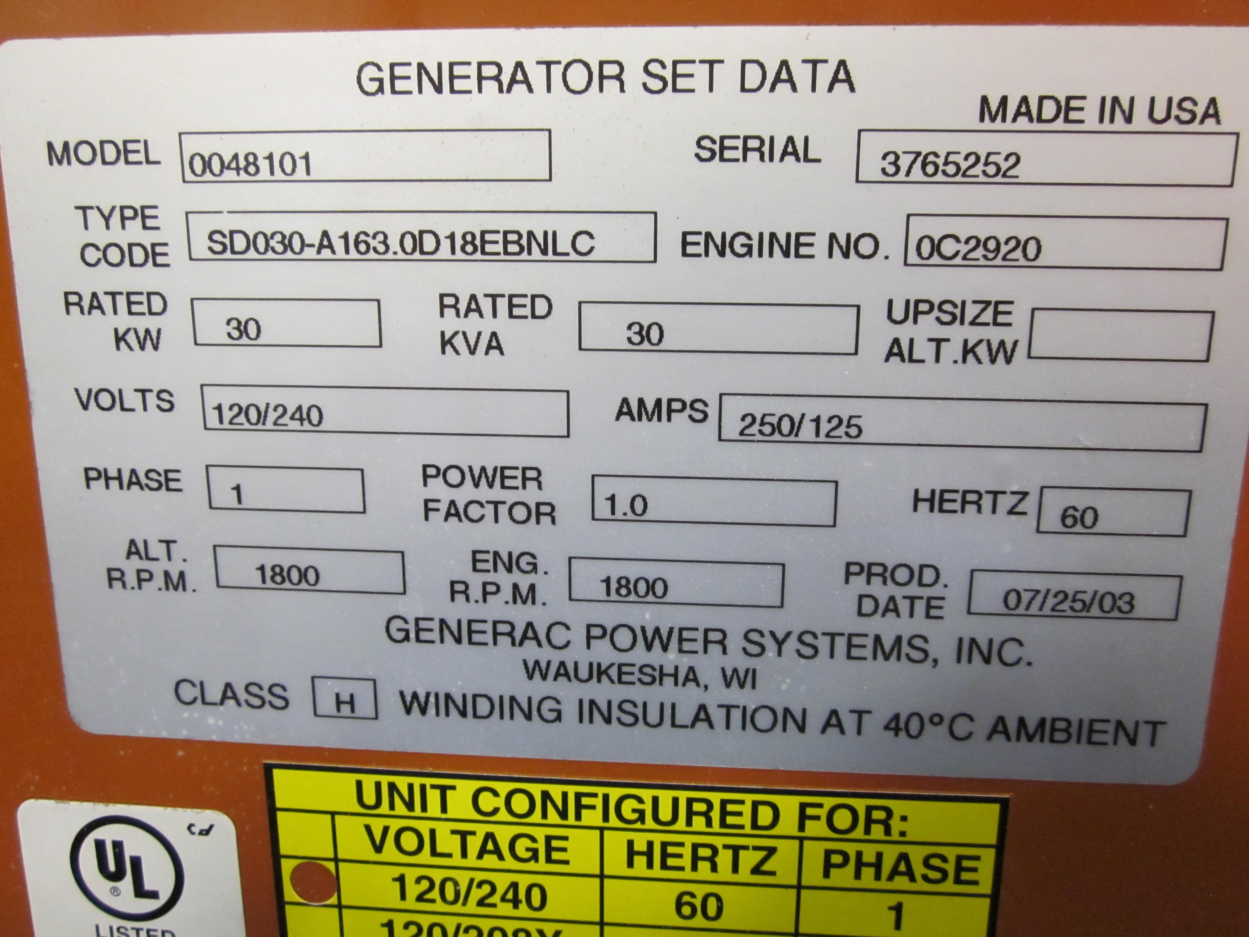 30 KW Generac Diesel Generator - Telecom Product Profiles, LLC
