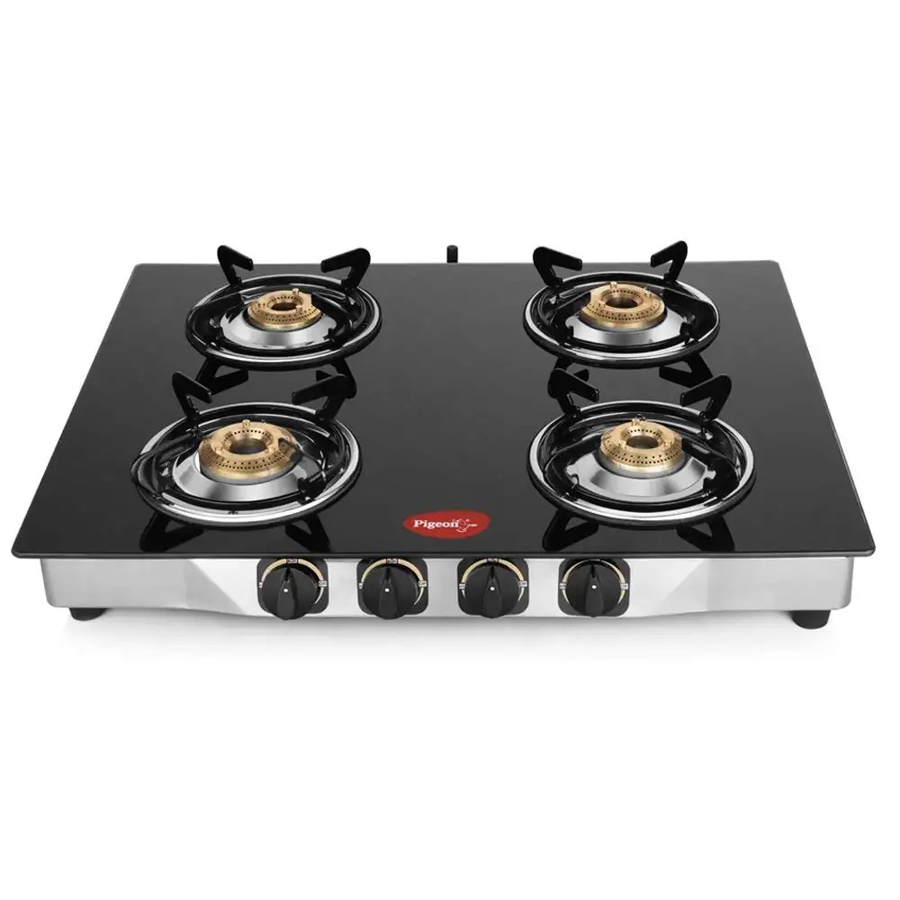 4) Pigeon by Stovekraft Blaze Blackline Glass Top 4 Burner Gas Stove