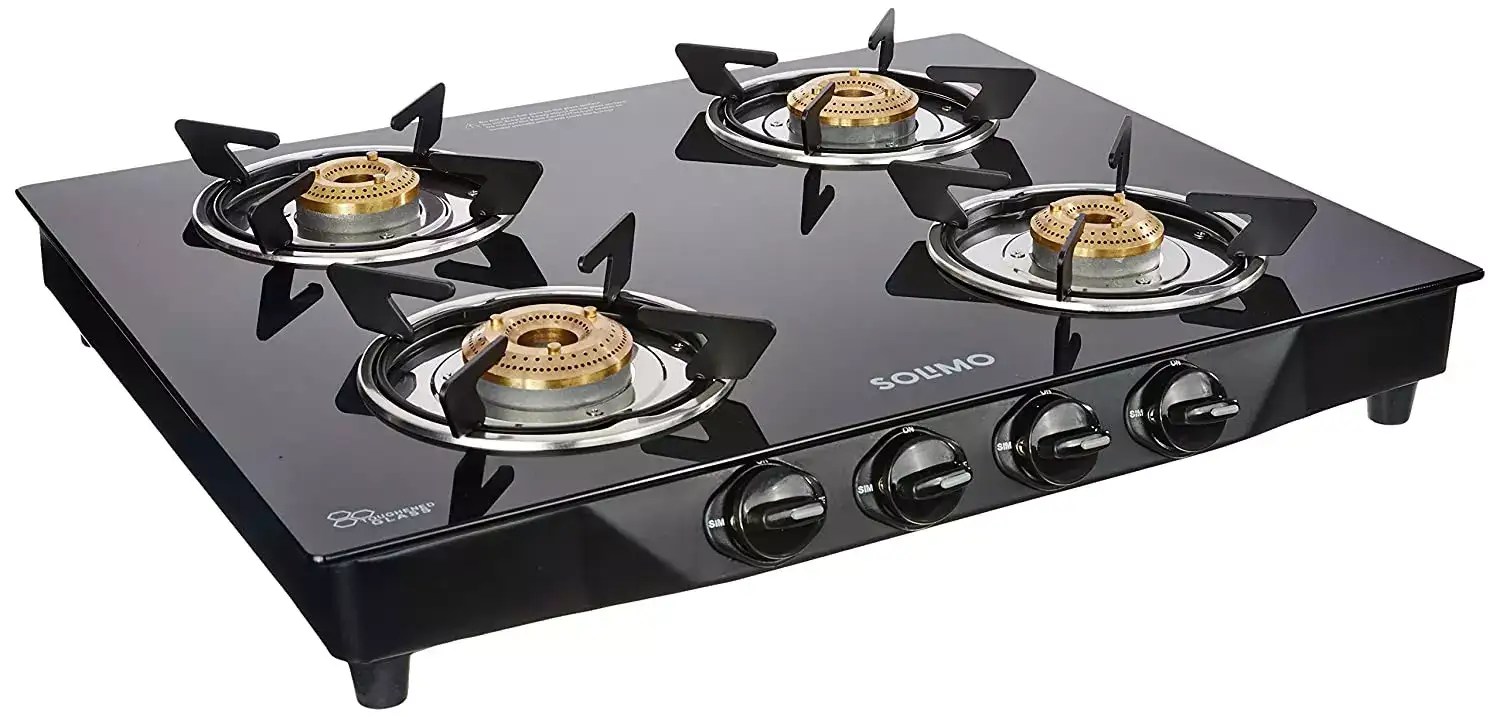 4) Amazon Brand Solimo 4 Burner Glass Top Gas Stove