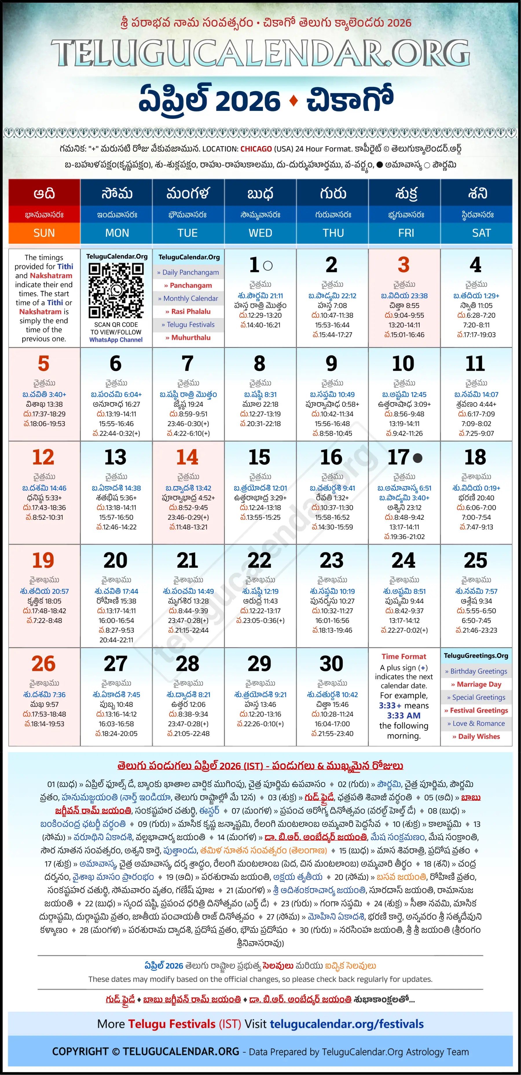 Chicago, USA 2026 Telugu Calendar PDF &amp; Image Free Download