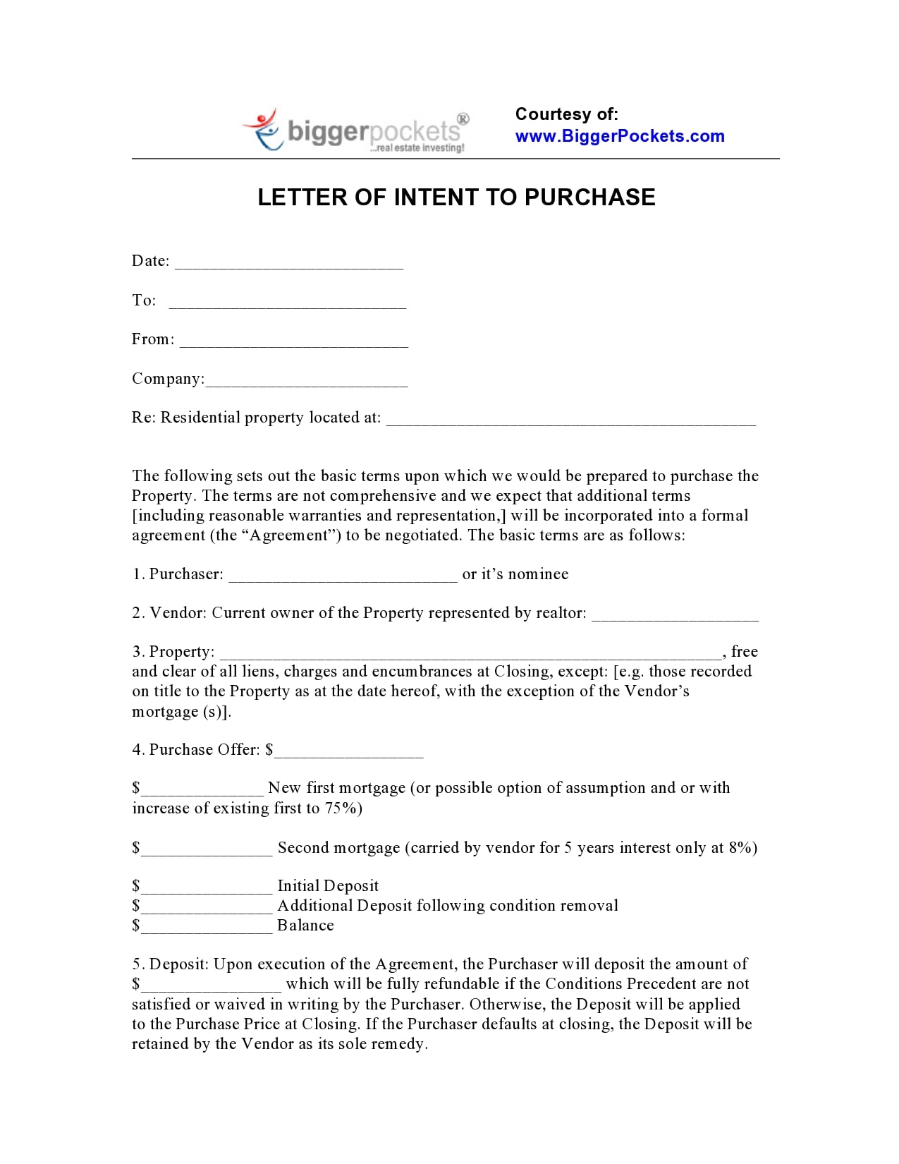 Letter Of Intent To Purchase Template