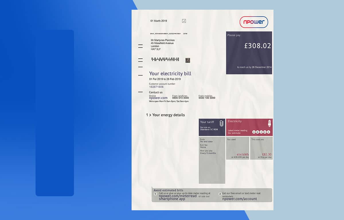 UK Utility Bill PSD Template (NPOWER) Proof of address