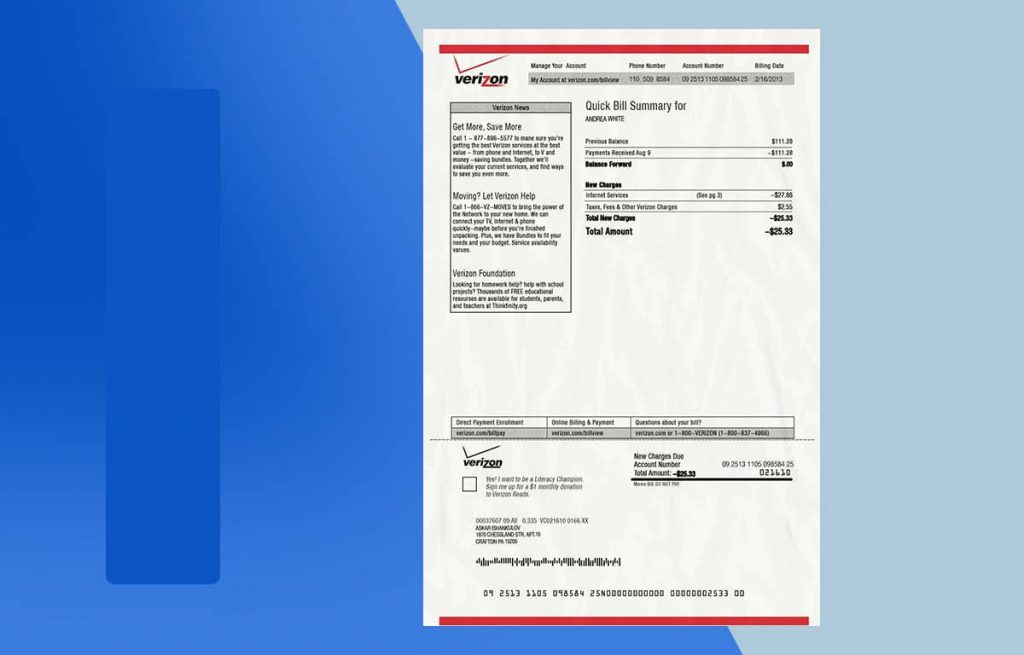 USA Utility Bill PSD Template (Verizon) Proof of address