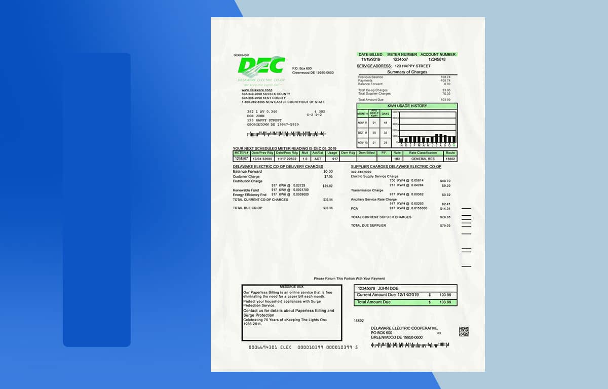 Delaware Utility Bill PSD Template USA Proof of address