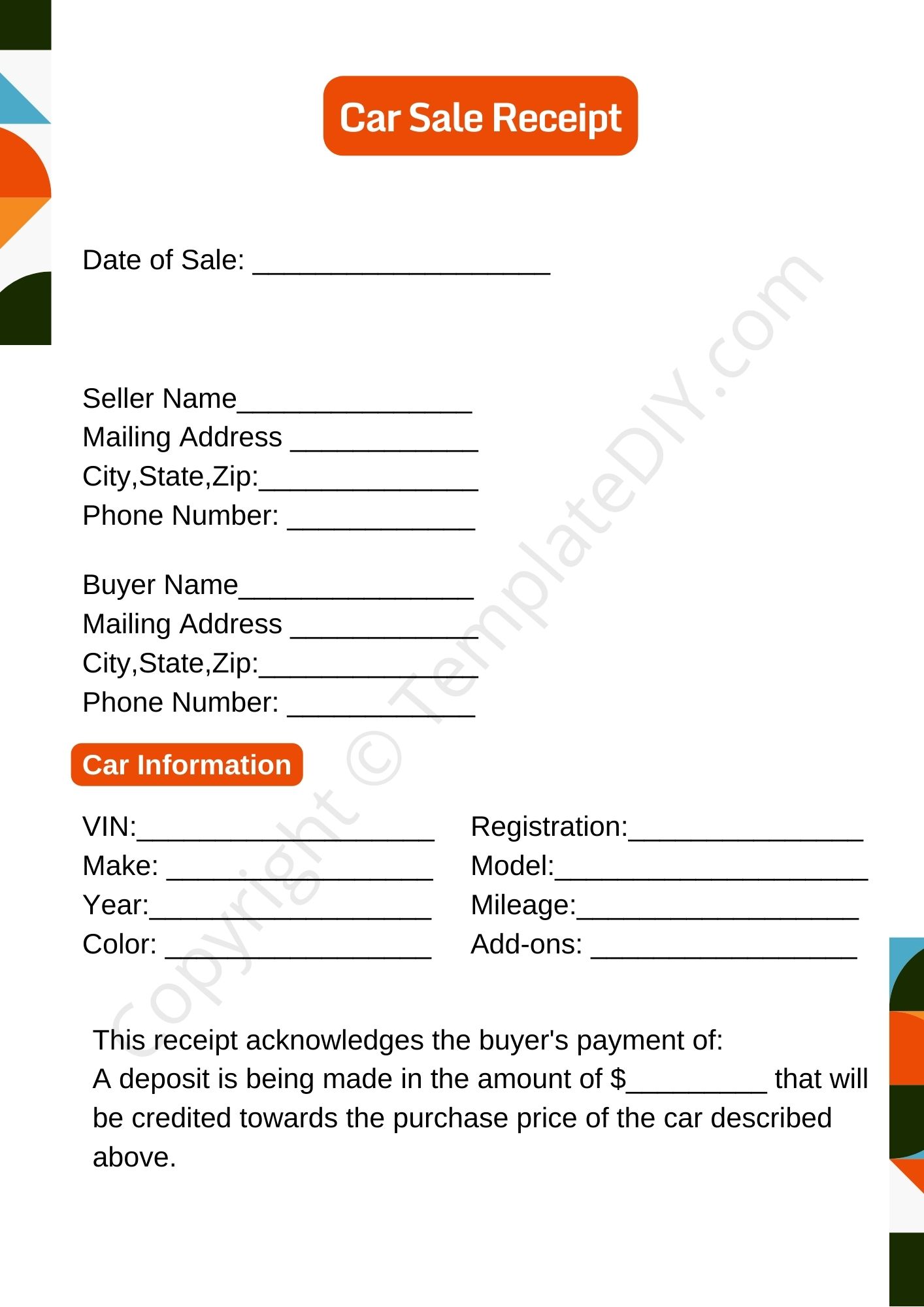 Car Sale Receipt Template Blank Printable [PDF, Excel & Word]