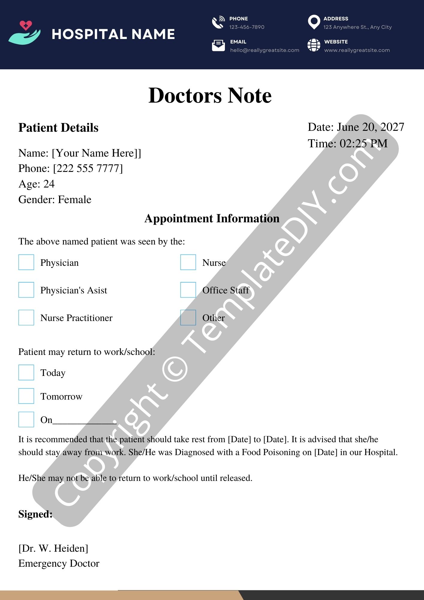 Doctors Note for Food Poisoning Template Printable in PDF & Word
