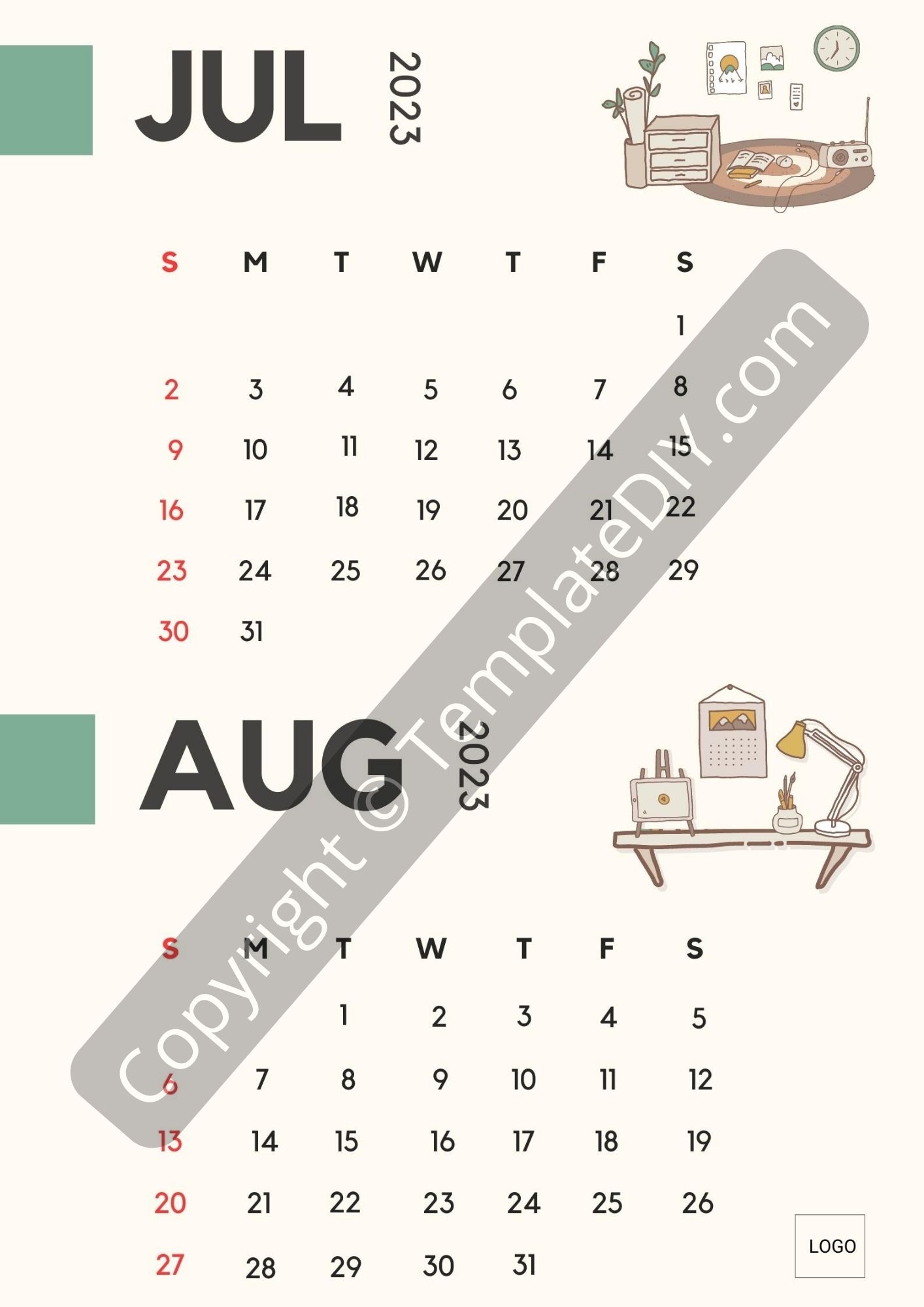July August 2023 Calendar Printable Template
