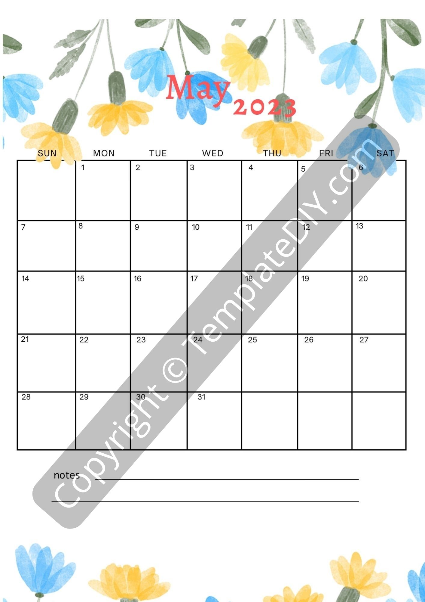 May 2023 Calendar Printable Template with Holidays in Word