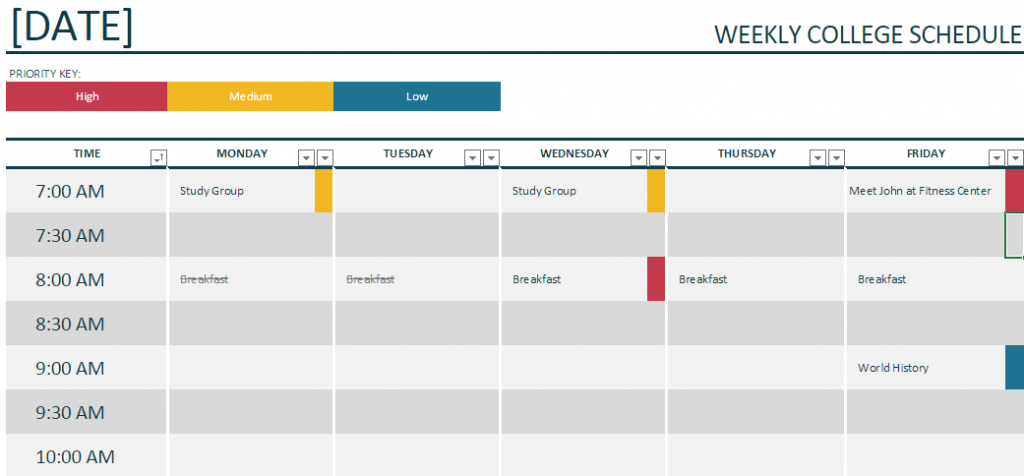 Weekly College Schedule Template » Template Haven
