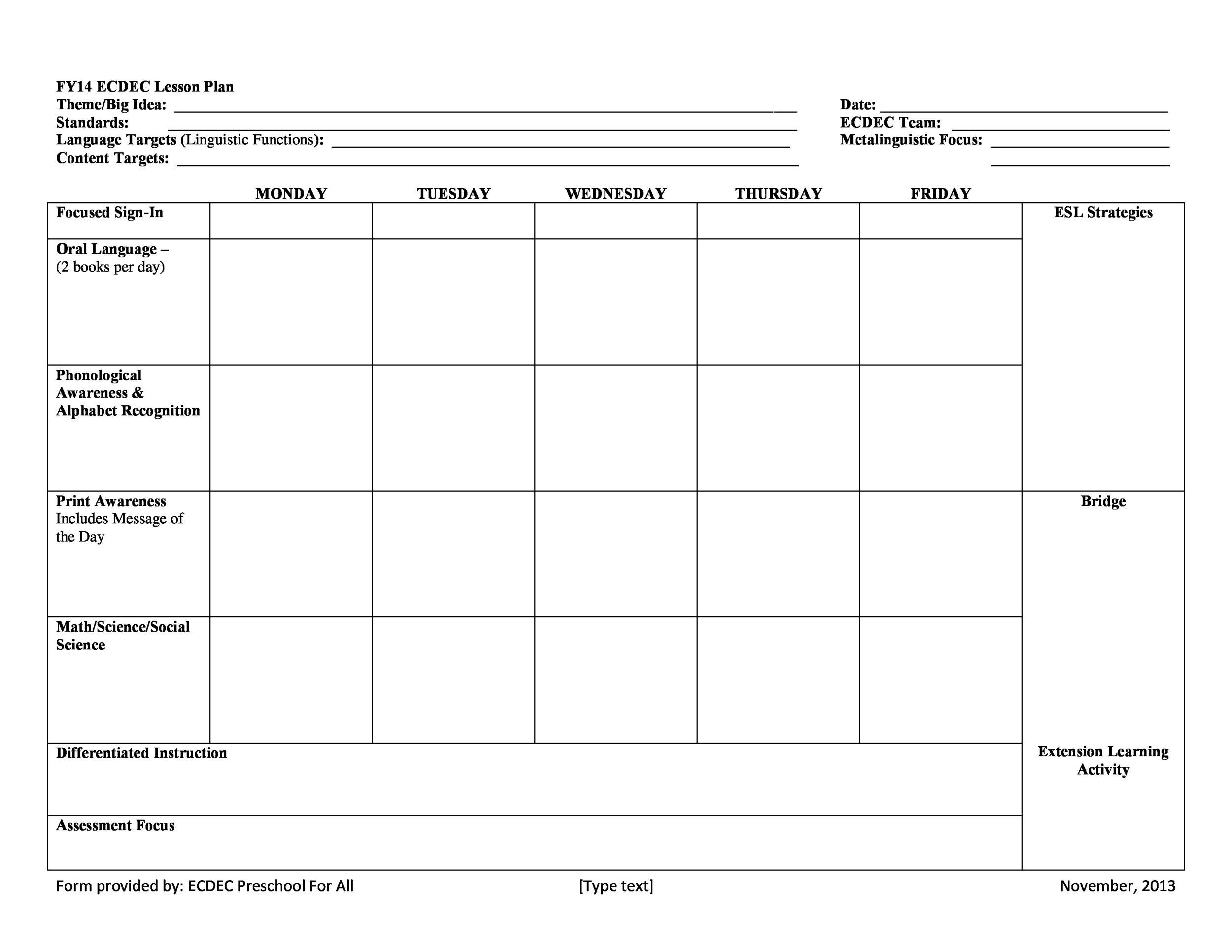 Lesson Plan Template For Toddlers