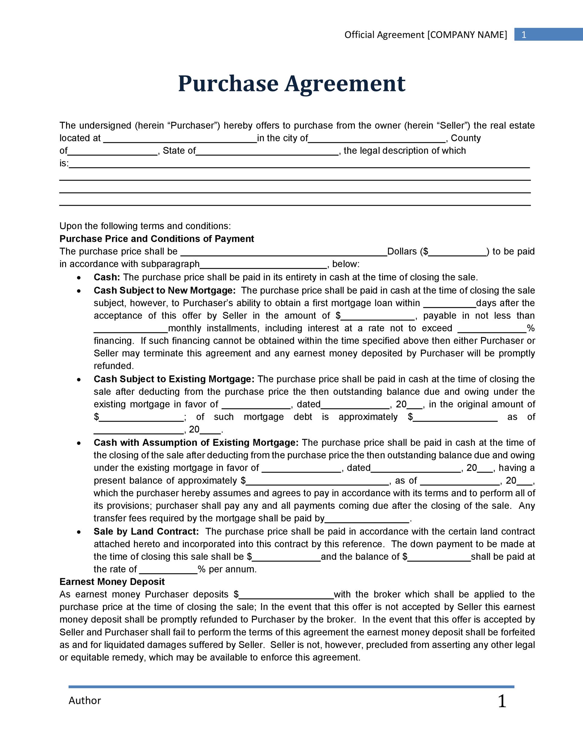 Offer To Purchase Contract Template