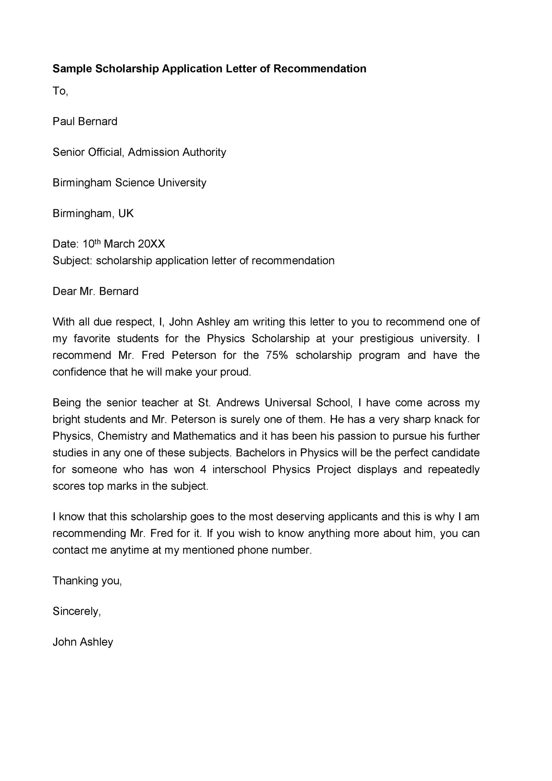 Academic Letter Of Recommendation For Graduate School