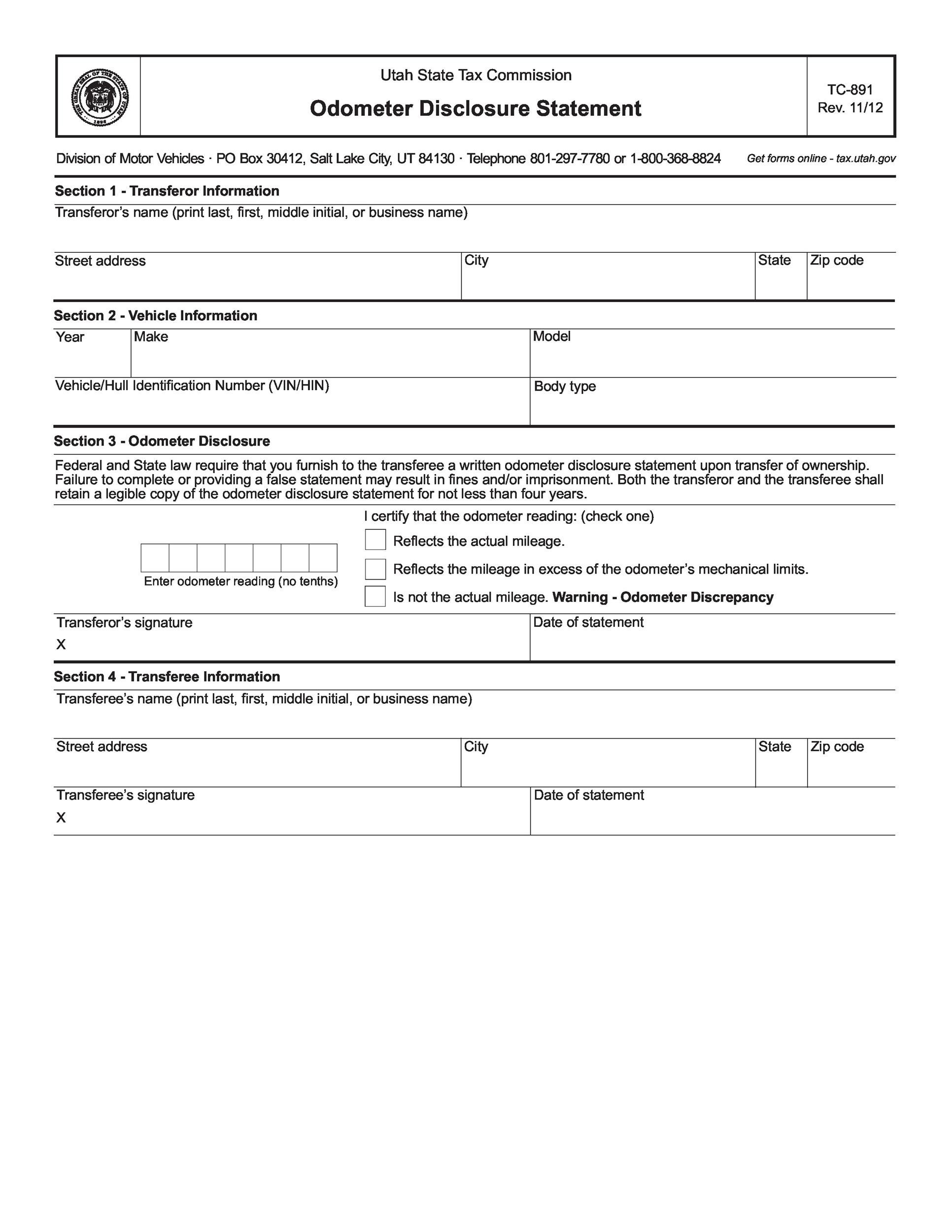 Printable Odometer Reading Form Printable Forms Free Online