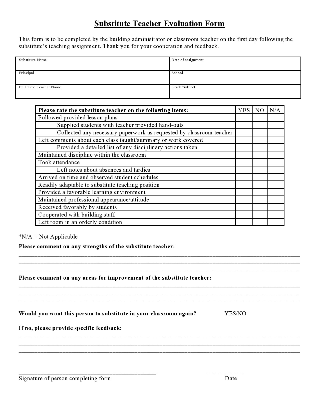 Teacher Peer Observation Form Template