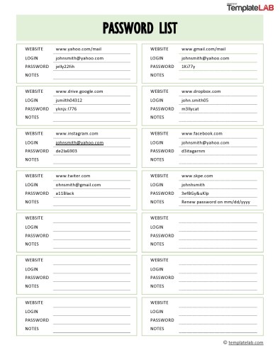 33 Best Password List Templates (Word, Excel & PDF) ᐅ TemplateLab