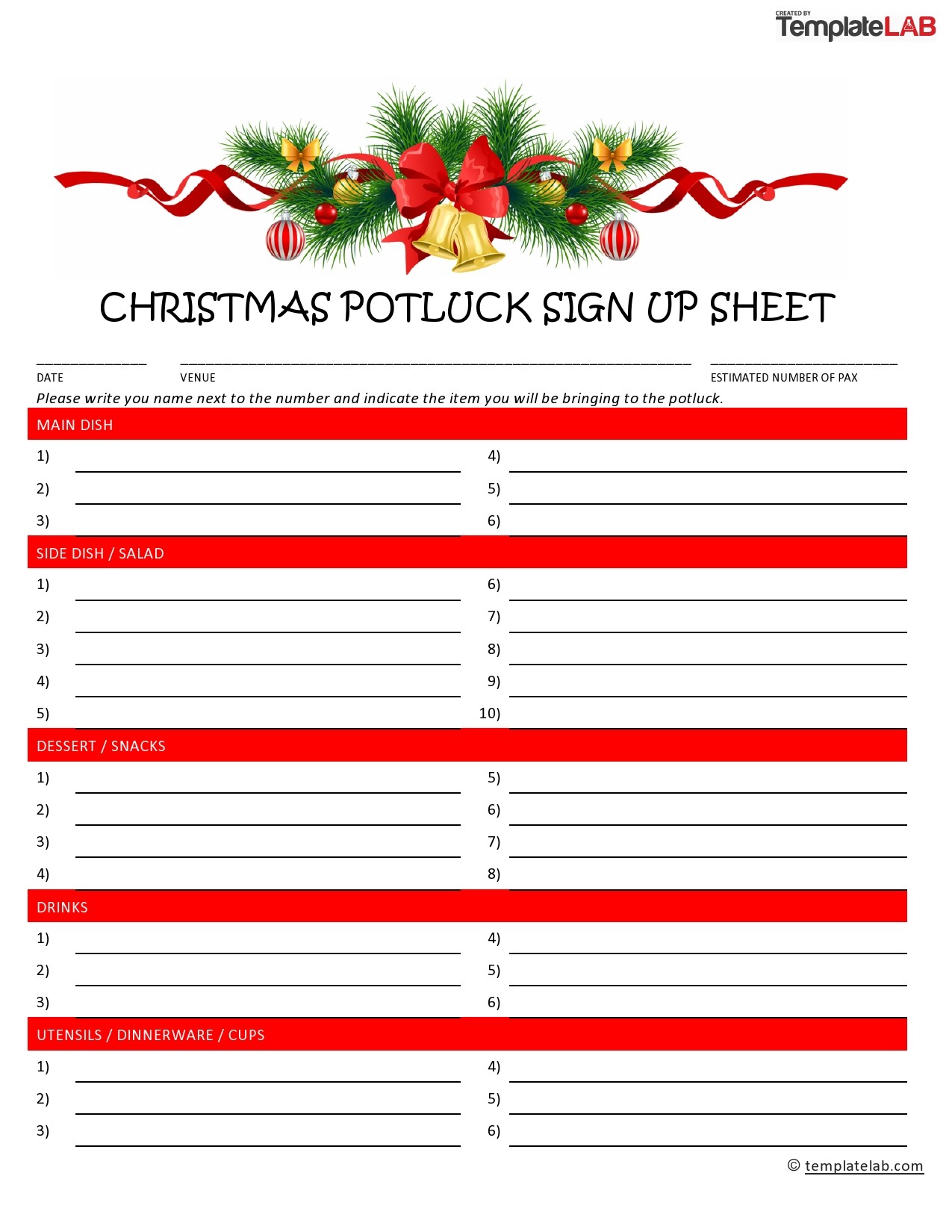 Holiday Potluck Sign Up Sheet Template