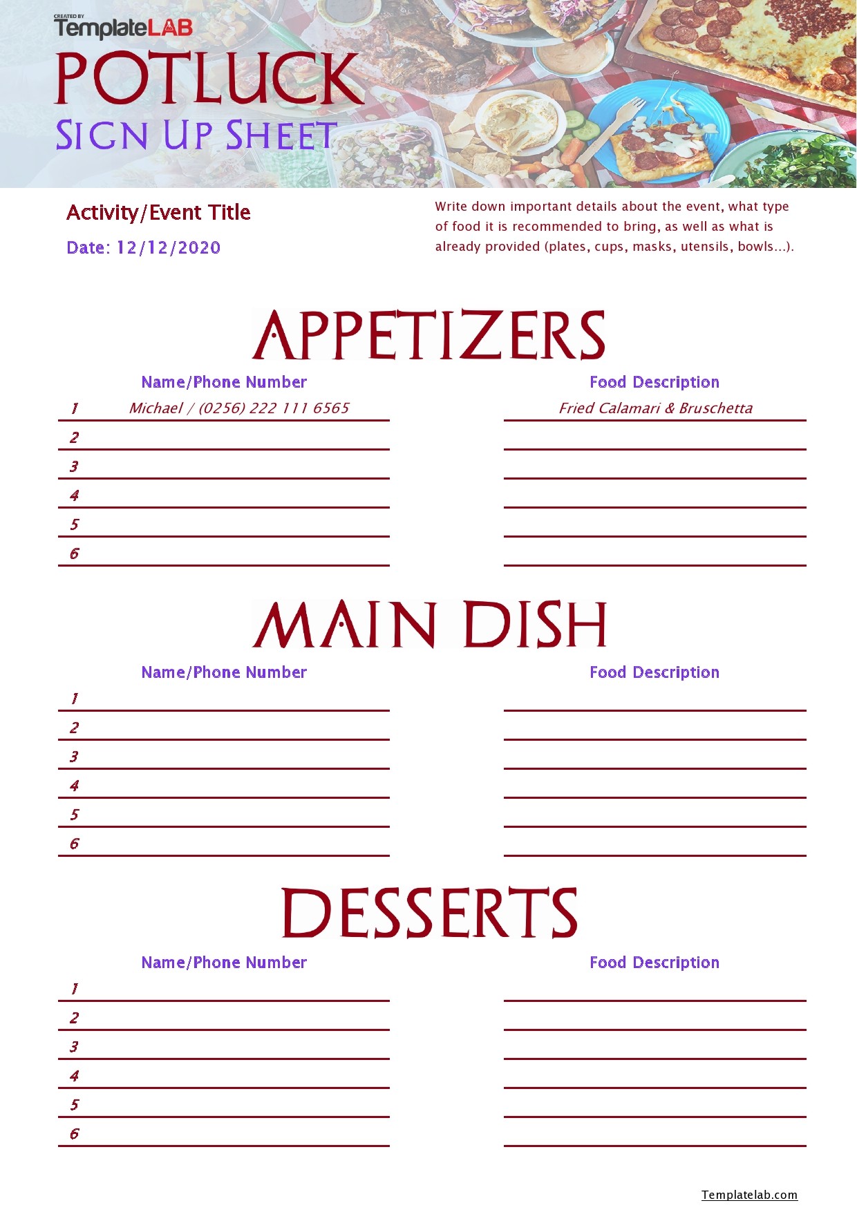 Holiday Potluck Sign Up Sheet Template