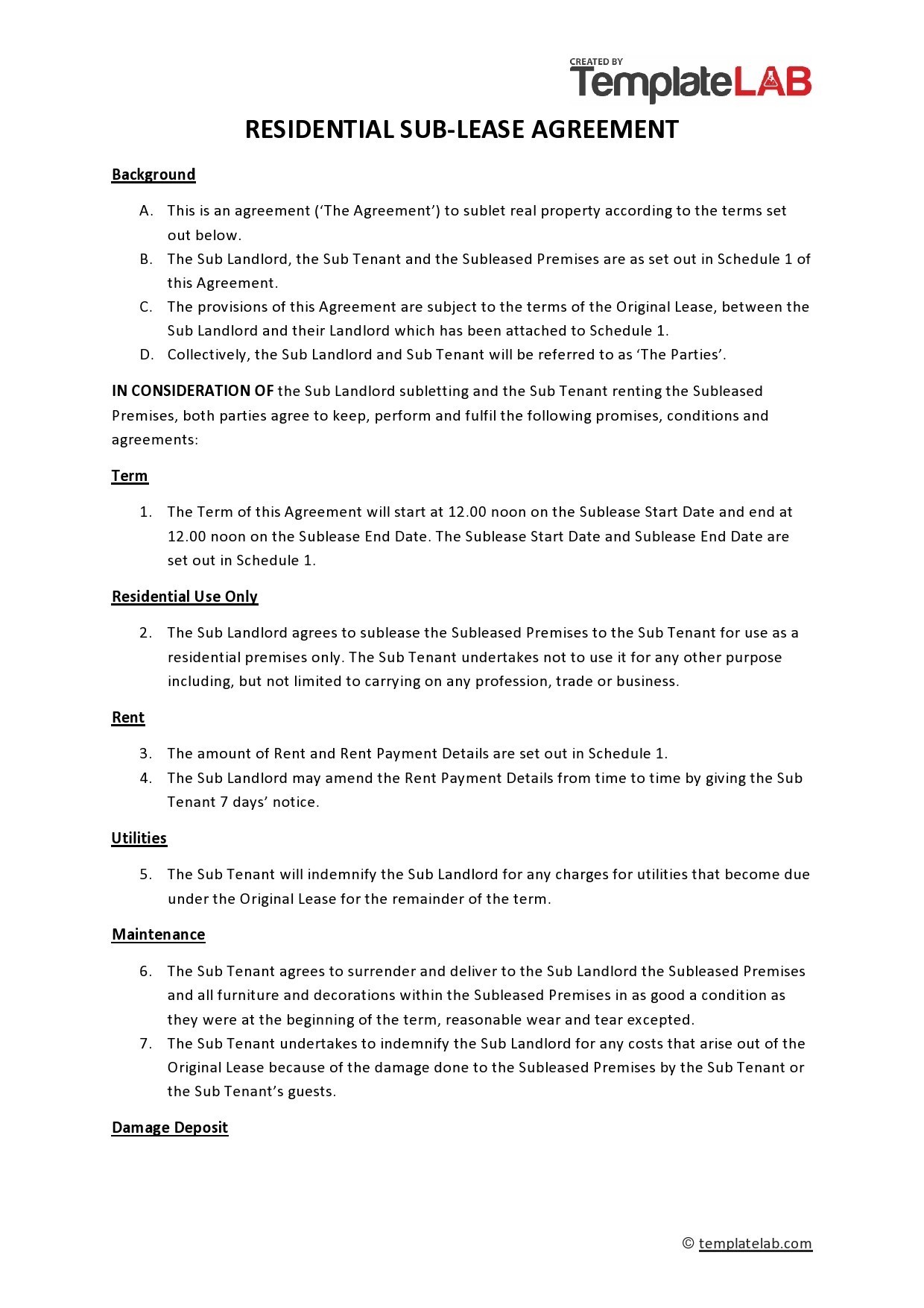 Subletting Lease Agreement Template