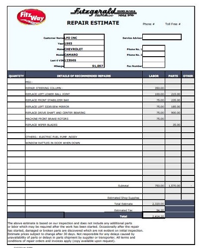 25+ Free Auto Repair Estimate Templates » Template Republic