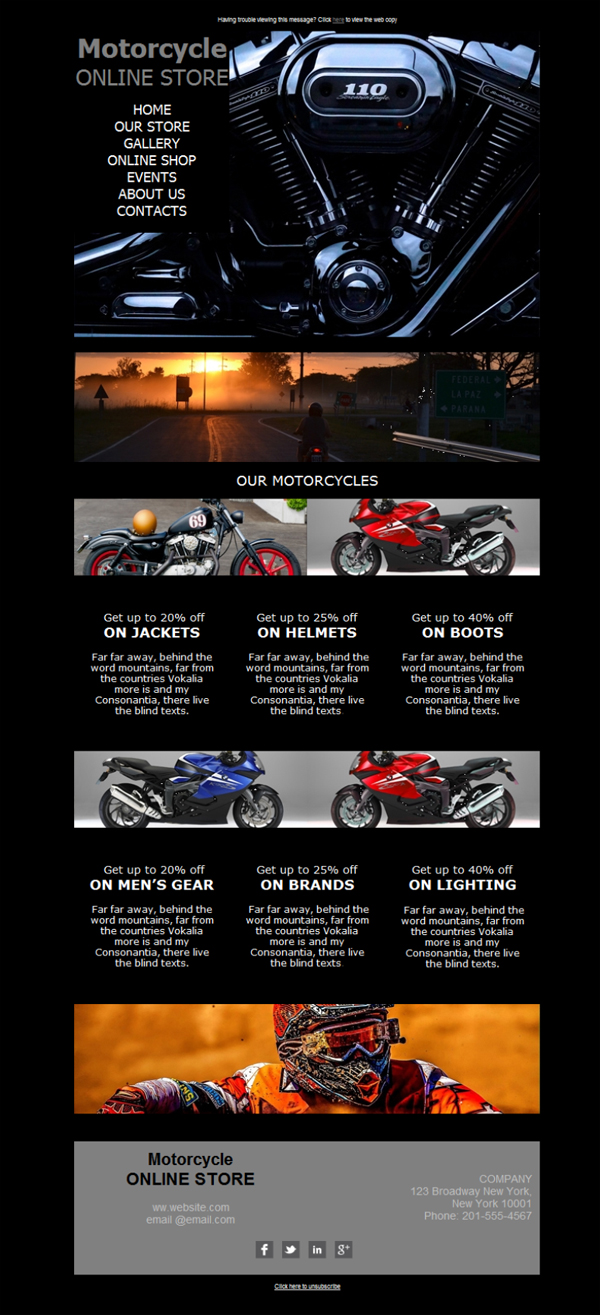 Plantilla de Newsletter Responsive Gratis "Motorcycle Dealer Race" para