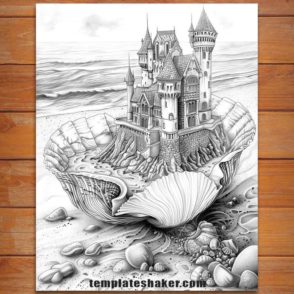 A World In A Shell 24 Fantasy Grayscale Coloring Pages, Instant
