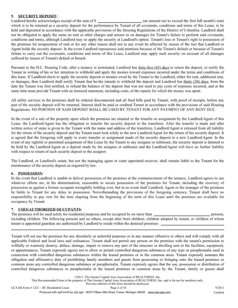 Blank Washington Dc Residential Lease Agreement Fill Out and Print PDFs