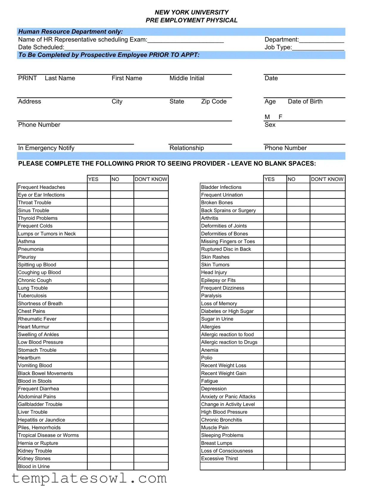 Download Pre Employment Physical Form • TemplatesOwl