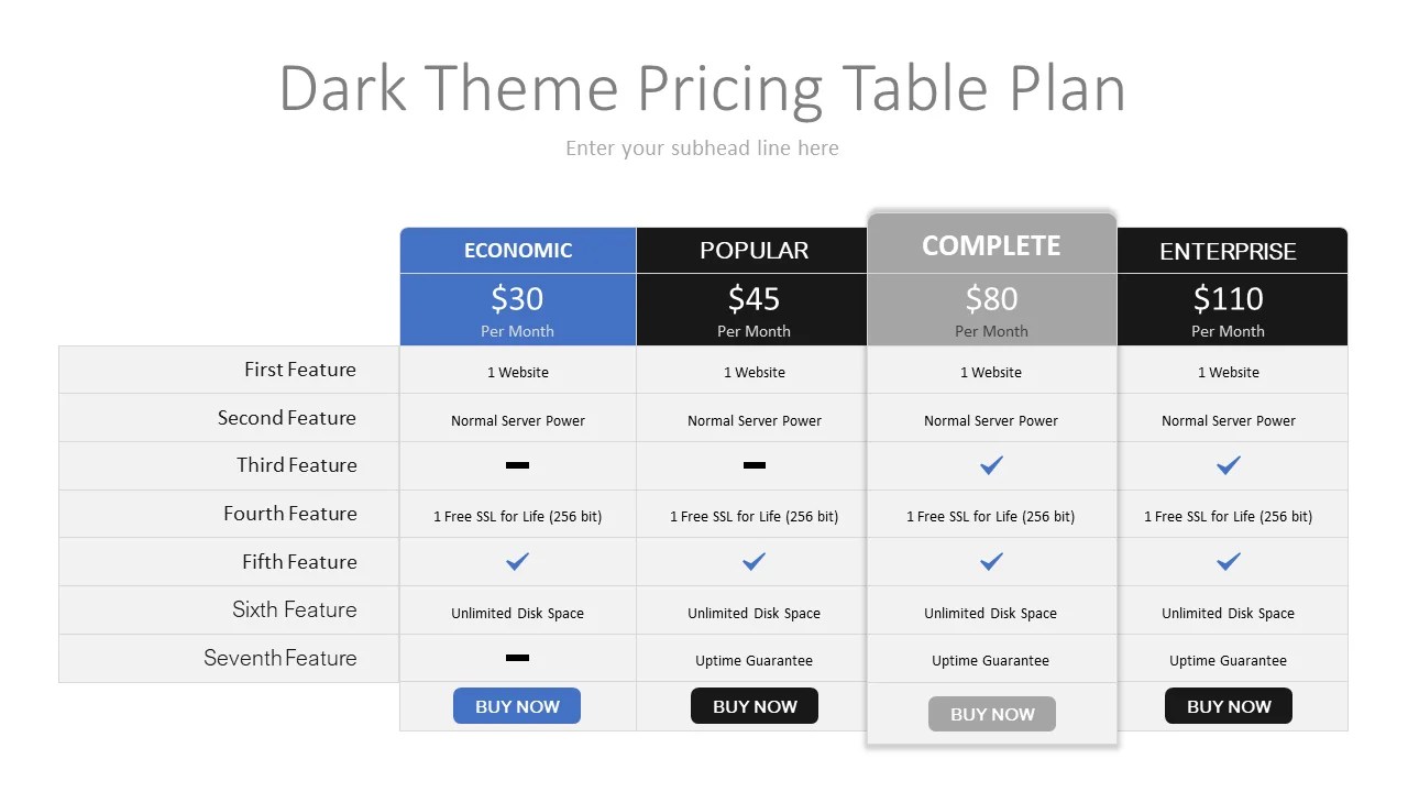 Download Free Dark Theme Price Table Slide Resume Sample