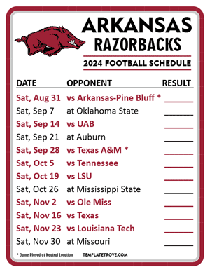 Printable 2024 Arkansas Razorbacks Football Schedule